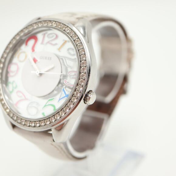 Guess Clear Dial Multicolor Numbers 45mm Watch White Leather with New Battery - Picture 10 of 16